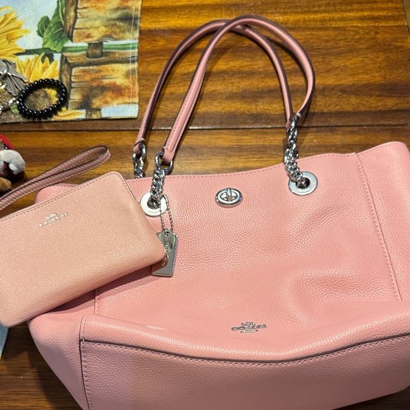 Coach Pink Textured Leather Tote with Chain Handles - Picture 1 of 13
